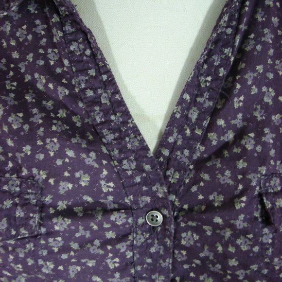 Purple Dainty Floral Long Adjustable Sleeve Ruche Button Front Scallop Hem Large - Picture 6 of 16